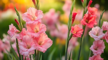 Vibrant and beautiful pink gladiolus flourish in a garden, showcasing their striking colors with spring blooming flowers perfect for enhancing any floral scene and garden imagery.