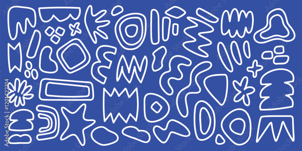 Poster abstract white line shapes on a blue background. curved and zigzag lines create a dynamic pattern. a