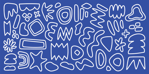 Fototapeta premium Abstract white line shapes on a blue background. Curved and zigzag lines create a dynamic pattern. Abstract shapes and lines in a vibrant blue setting. Funky shapes vector set.