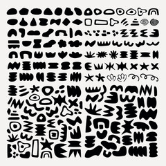 Abstract black shapes on white background. Various abstract shapes, patterns, and designs. Bold black shapes create unique abstract art. Artistic abstract shapes. Black and white vector set.