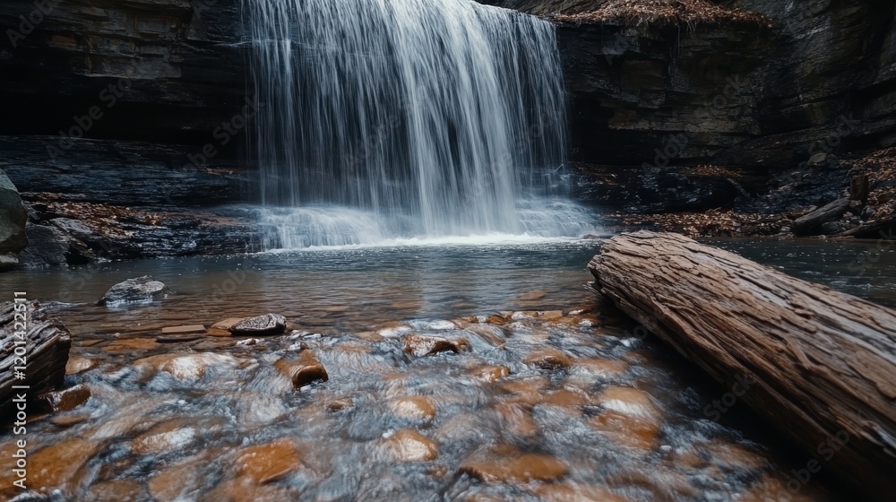 Poster majestic waterfall flowing gracefully, surrounded by fallen logs creating a serene and natural atmos