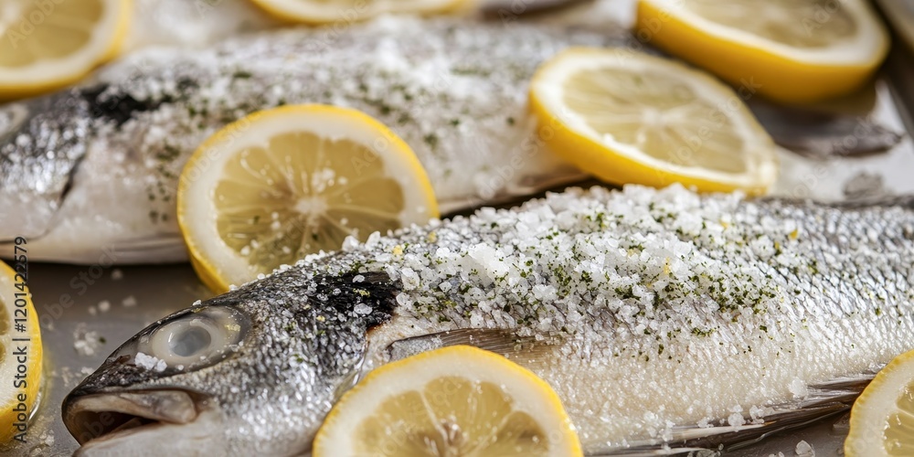 Poster close up view of fresh uncooked seabass garnished with lemon slices and a sprinkle of sea salt, high
