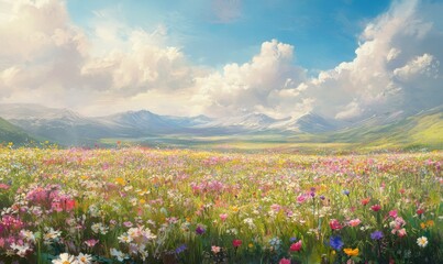 A vibrant wildflower meadow in full bloom under a bright sunny sky with soft clouds and gentle sunlight