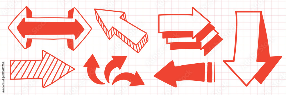 Poster collection of red arrows in various styles on a grid background. arrows pointing in different direct