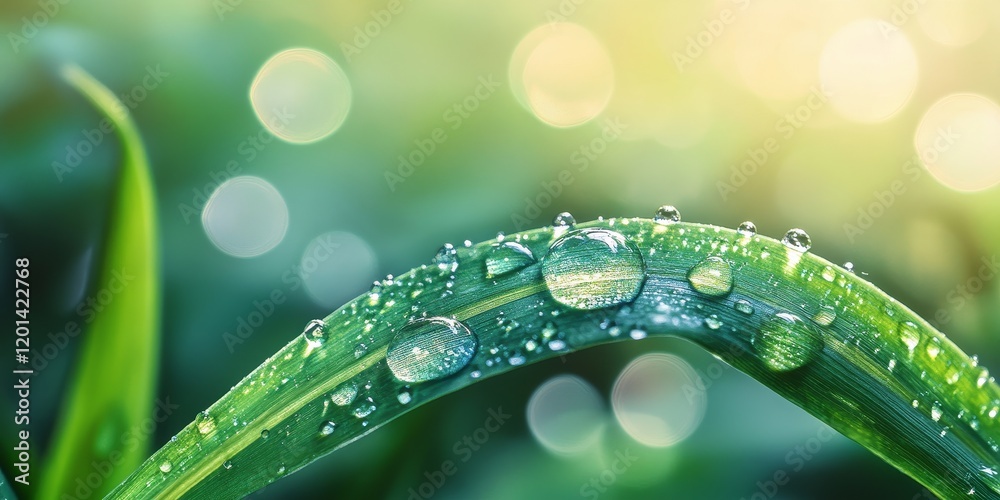 Poster dew drops on a green leaf create stunning visuals in macro photography, showcasing the beauty of dro