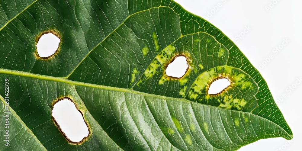 Poster avocado leaves show signs of damage with holes created by cocoons, highlighting the interaction betw