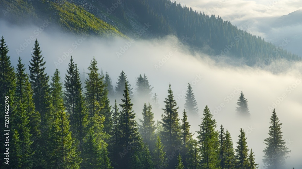 Poster Fog and low clouds envelop the mountainside, creating a mystical atmosphere among the towering pine trees. This scene of fog and low clouds enhances the beauty of the serene mountain landscape.