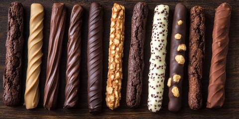 Assorted biscuit sticks coated in chocolate arranged on a wooden surface, showcasing a variety of flavors and textures for chocolate lovers to enjoy. Ideal for any dessert themed projects.