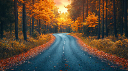 Obraz premium beautiful Serene winding wet road through an autumn forest with vibrant leaves.