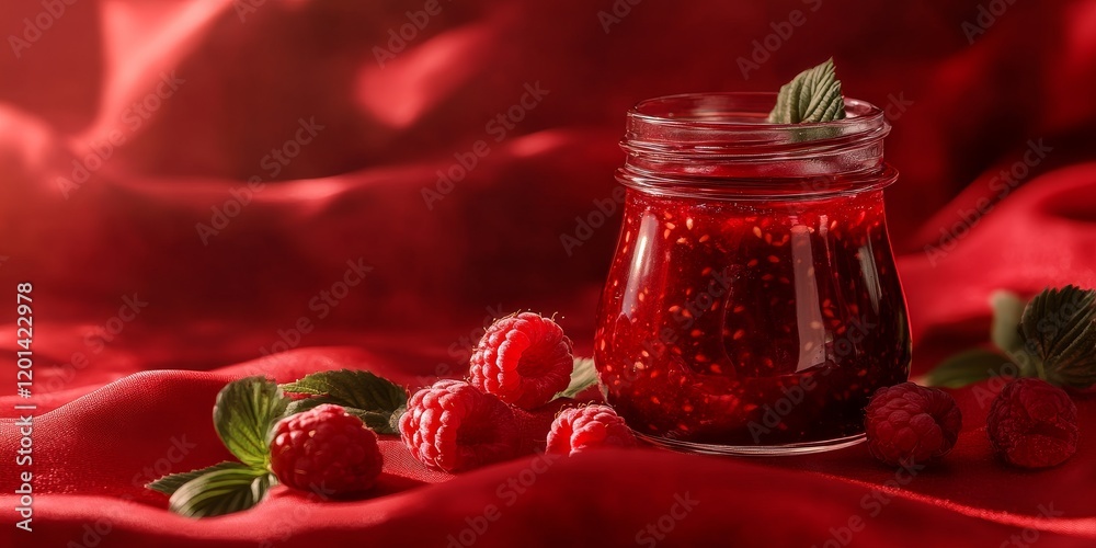 Poster a glass jar filled with homemade raspberry jam is placed on a red fabric backdrop, showcasing the vi