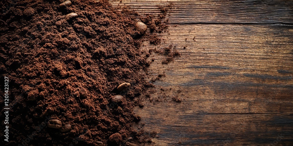 Poster a detailed view of freshly ground coffee rests on a wooden surface, highlighting the rich texture an