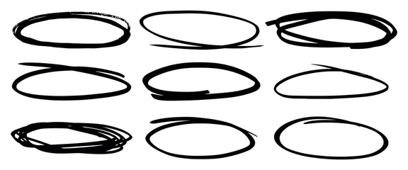 Collection of black hand-drawn circles and ovals. Abstract circles, varied ovals, artistic black lines. Sketchy circles, dynamic ovals, creative black shapes. Hand drawn doodle frames, vector set.