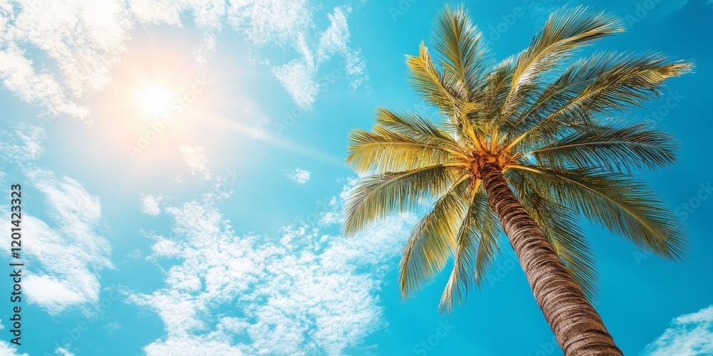 Poster exotic palm tree basking in gentle sunlight, creating a striking contrast against a bright summer bl