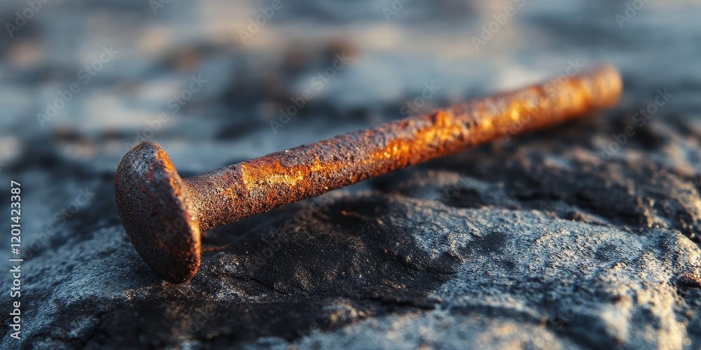 Poster old rusty nail resting on a metal surface, capturing the intricate details of the rusty nail. this s