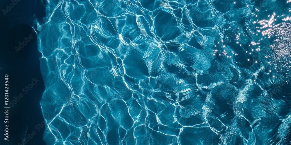 Poster abstract aerial view of blue ripple patterns in swimming pool water, showcasing sun reflections and 