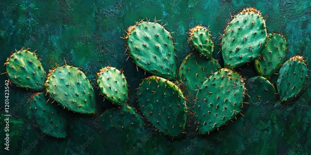 Poster textured background featuring the vibrant, green surface of a prickly pear cactus, showcasing its di