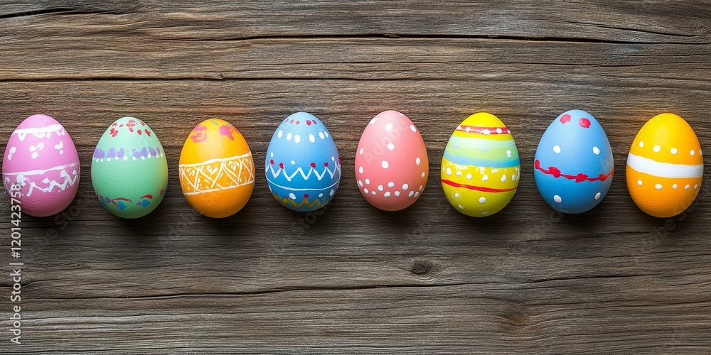 Poster Vibrant, colorful painted eggs for Easter are arranged in a row on a rustic wooden background, creating a perfect border for text. These bright Easter eggs add a festive touch from a top view