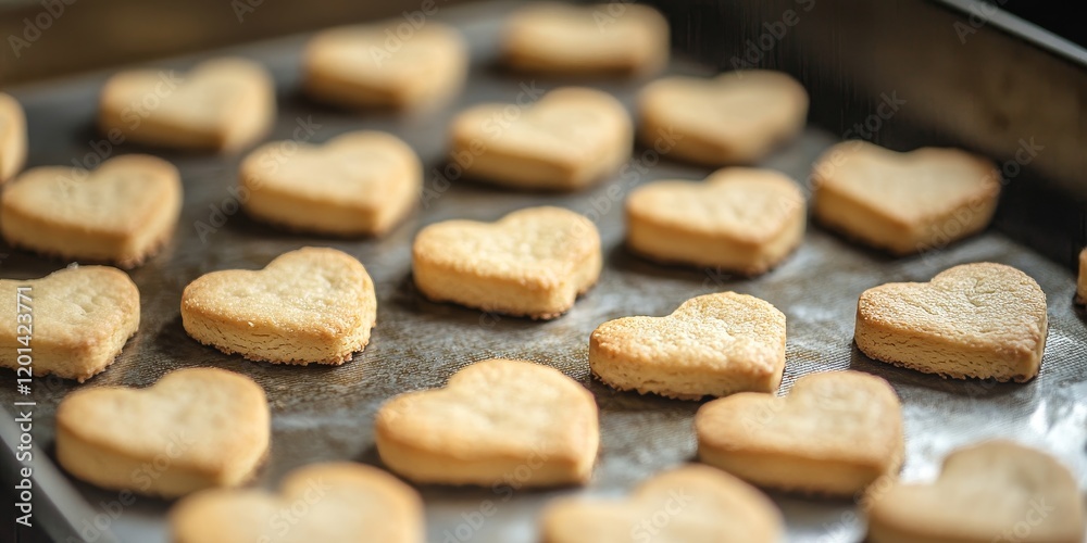 Poster Uncooked heart shaped biscuits arranged on a baking tray, showcasing the delightful shapes and textures of these uncooked biscuits in a closeup view for a charming baking scene.