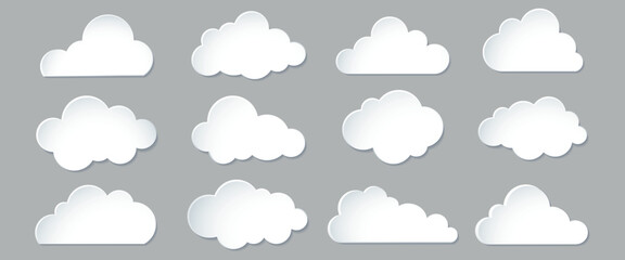 Obraz premium Collection of white cloud icons on a gray background. Cloud shapes vary in design. Perfect for weather, sky, or cloud-themed projects. Cloud icons for creative use. Weather element vector set.