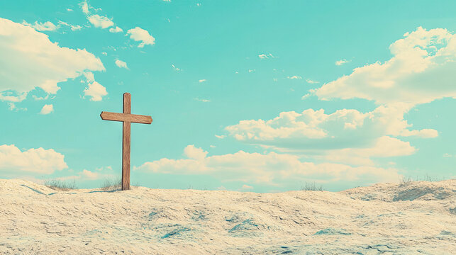 Wooden Cross on Serene Desert Landscape Under a Blue Sky. Concept of Solitude, Spiritual Reflection. Ash Wednesday. Copy Space