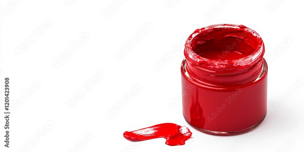 Poster isolated single red acrylic paint jar displayed on a white background, showcasing the vibrant hue of
