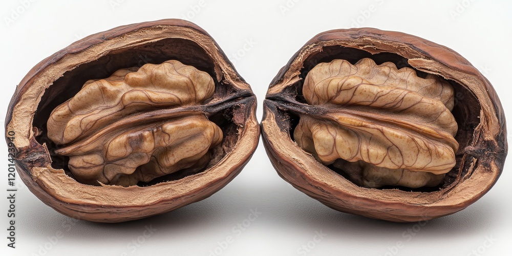 Poster A walnut, cut in half, reveals the inner part of the nut, providing a clear view of its distinctive interior structure and texture.