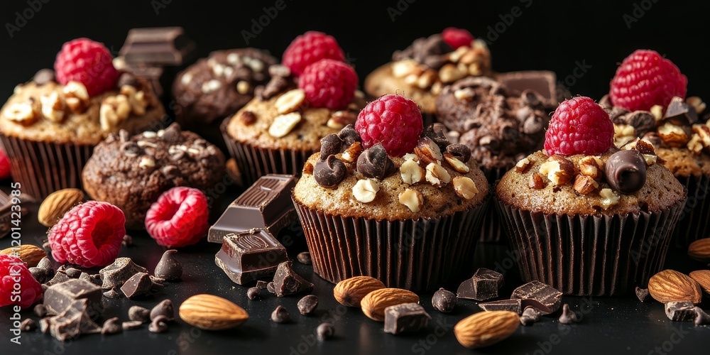 Aufkleber delicious muffins featuring nuts, raspberries, and chocolate pieces arranged on a black background, 