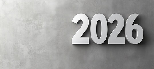 New Year 2026 Large White Metallic Numbers Mounted on Textured Concrete Wall Background
