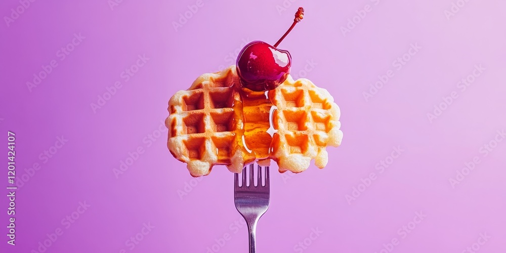 Poster belgian waffle drizzled with honey and topped with a sweet cherry, elegantly displayed on a fork aga