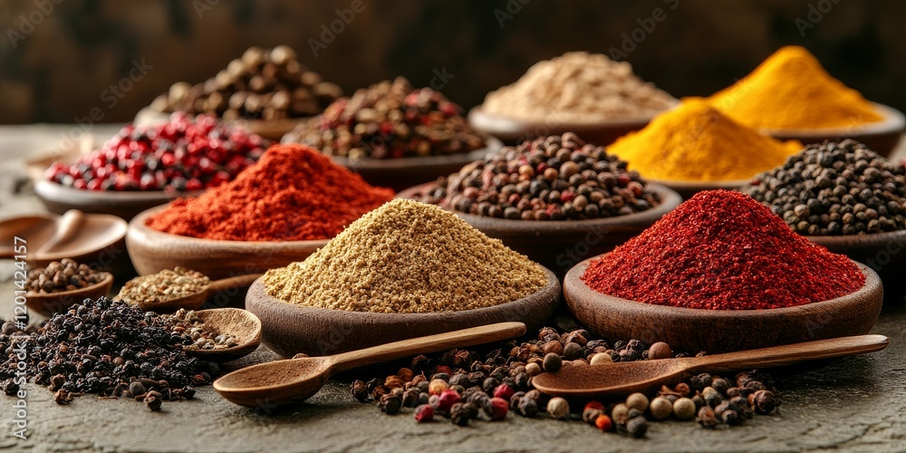 Poster variety of ground spices displayed on a table with small spoons, showcasing an assortment of rich co
