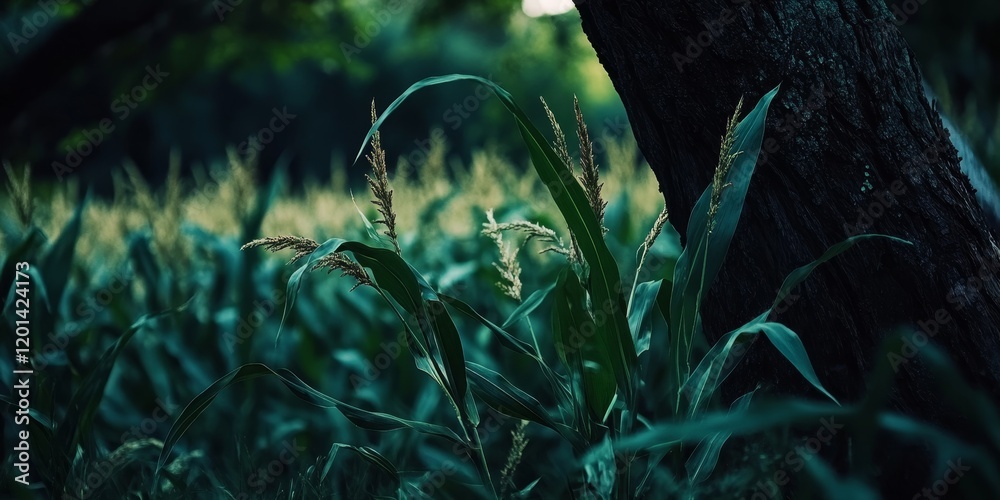 Poster close up of corn set against a dark tree background, featuring corn in sharp detail, ideal for showc