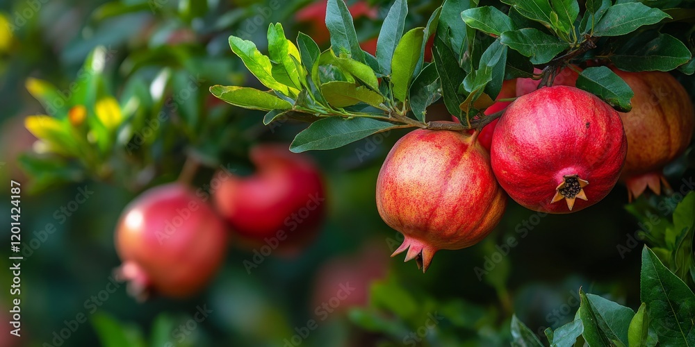 Poster front view of a pomegranate tree showcasing ripe fruit, ideal for harvest. the pomegranate tree disp
