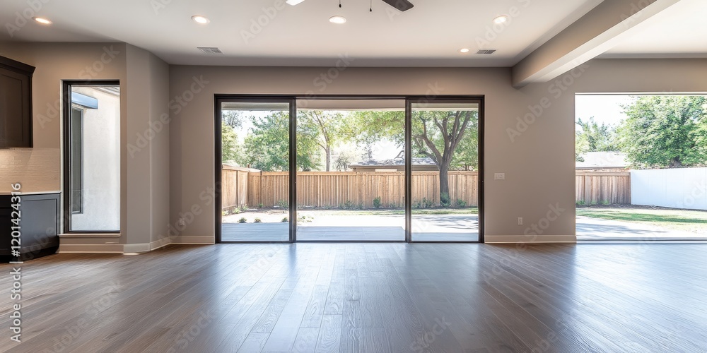 Poster Spacious empty living room featuring large sliding doors that lead to a backyard, creating an inviting atmosphere in the living room while enhancing the potential for natural light.