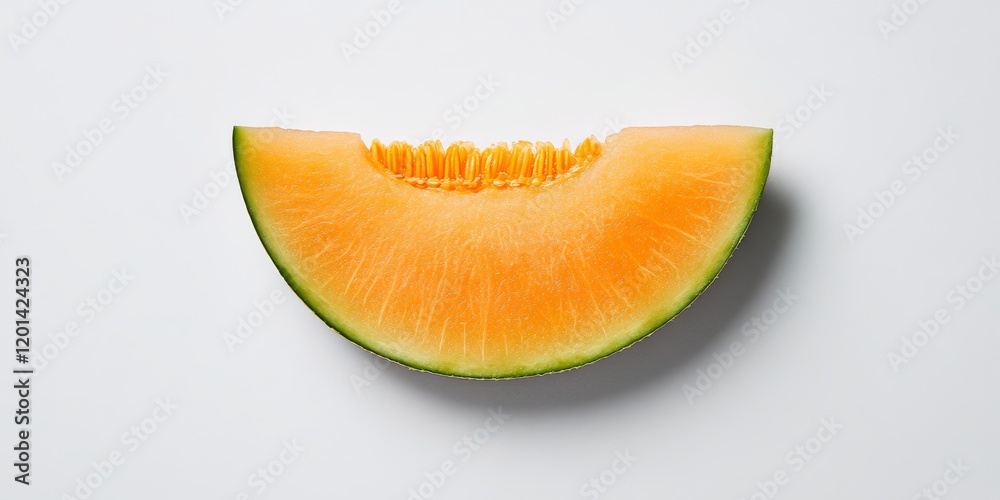 Poster Fresh melon slice resting on a white background, showcasing the vibrant color and texture of the melon slice. This melon slice is perfect for highlighting juicy, refreshing flavors.