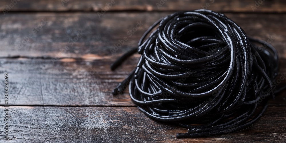 Poster tantalizing black spaghetti pasta displayed on a dark rustic wooden surface, showcasing the unique a