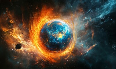 Obraz premium Abstract Cosmic Painting with a Blue and Orange Orb