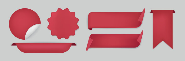 Set of red paper labels and ribbons. Includes round, starburst, and rectangular shapes. Red labels and ribbons for decoration or highlighting text. Red sale label set with copy space. Vectors.
