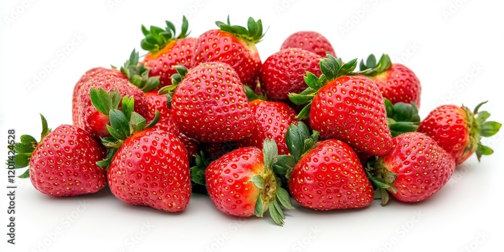 Poster fresh red strawberries arranged in a pile on a white background, showcasing the vibrant color and na