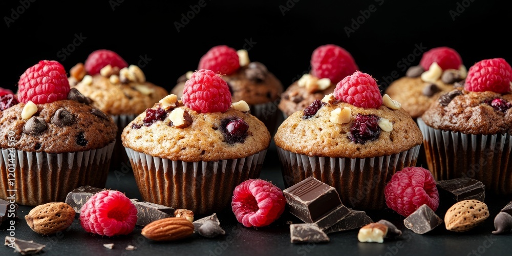 Aufkleber delicious muffins featuring nuts, raspberries, and chocolate pieces arranged on a black background, 