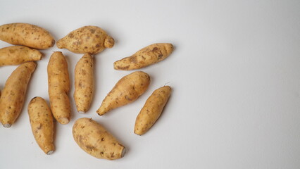 Group of fresh local raw honey sweet potatoes isolated on white background.