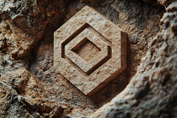 A debossed stone logo mockup, set in an earthy, rugged background that enhances the tactile impression of the logo.
