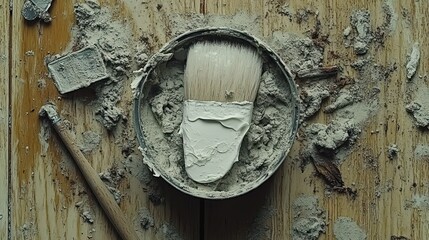 Used paintbrush in gray paint can on messy wooden surface.