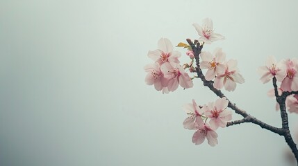 Obraz premium Close-up of cherry blossom branch in bloom. Delicate pink flowers, soft petals, natural elegance, springtime scene, minimalistic background, tranquil atmosphere. Generative AI
