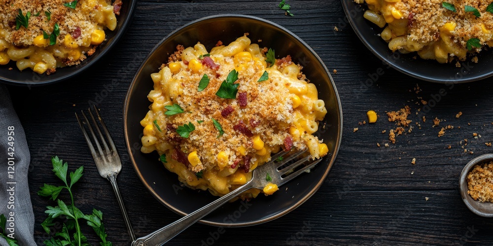 Aufkleber delicious mac and cheese with corn, bacon, and crispy panko breadcrumbs served on plates alongside a