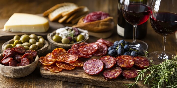 A variety of Spanish tapas includes chorizo, bread, olives, smoked sausages, red wine, and cheese, offering a delicious selection of flavors and textures.