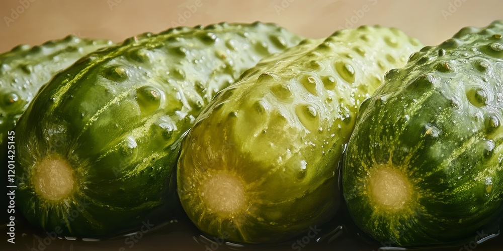 Poster Closeup of pickled cucumbers displayed against a light background, showcasing the vibrant color and texture of these delicious pickled cucumbers in detail for an appetizing visual effect.