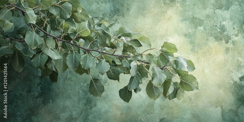 Poster fuzzy summer branch of a poplar tree showcasing lush green leaves and soft textures, perfect for cap