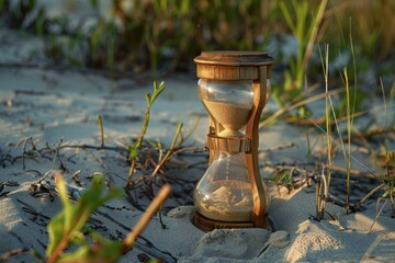 Wooden hourglass standing on sandy beach with plants at sunset, measuring passing time