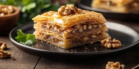 Indulge in the deliciousness of baklava, a traditional dessert celebrated for its layers of honey and walnuts. This gourmet baklava, beautifully shaped, highlights the essence of this beloved treat.