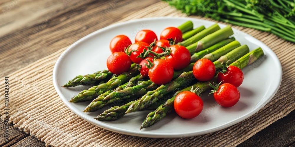 Poster asparagus and cherry tomatoes beautifully arranged on a white saucer, complemented by a rustic woode